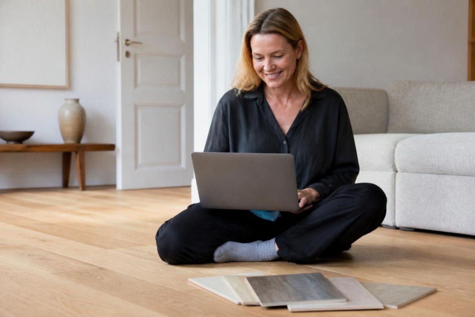 Smilende kvinde sidder på et lyst egegulv med en bærbar computer og gulvprøver ved siden af