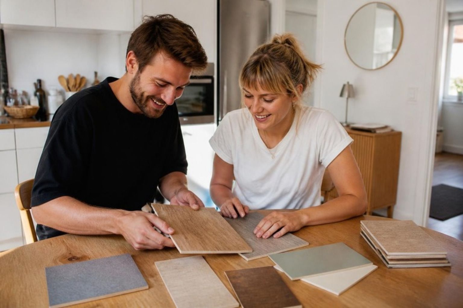 Smilende par sammenligner gulvprøver i træ, vinyl og linoleum ved køkkenbordet